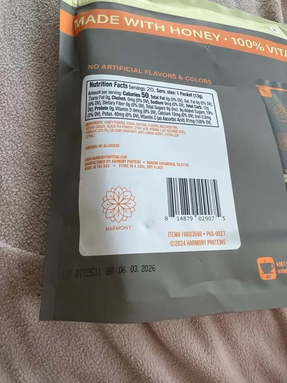 Harmony Honey Yuzu Tea with Ground Ginger 20 Sticks